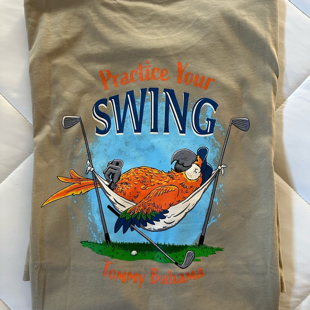 New Tommy Bahama PRACTICE YOUR SWING T-shirt Size Mens L Tan/Beige, NWT